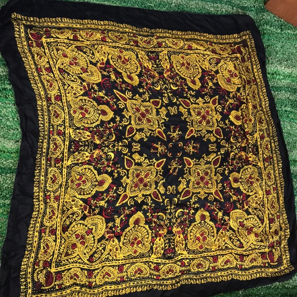 Black Silk-like Paisley Scarf Tablecloth with Gold and Red Accents